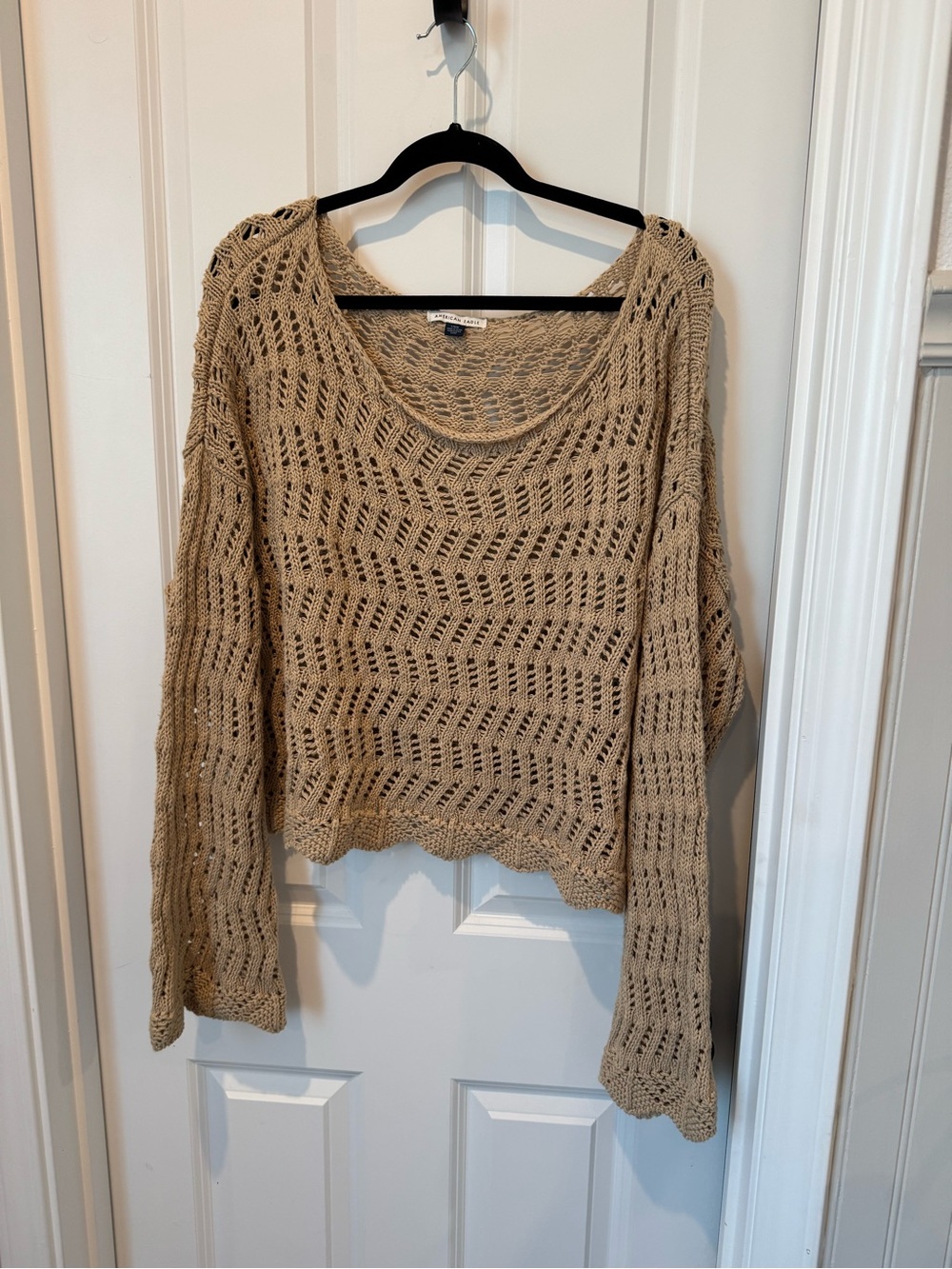 American Eagle Boatneck Lightweight Crochet Knit Sweater - Beige